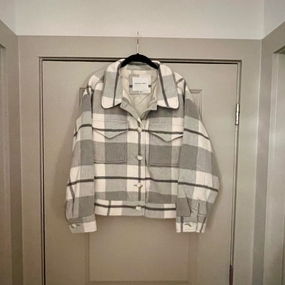 American Eagle Plaid Grey & White Cropped Jacket